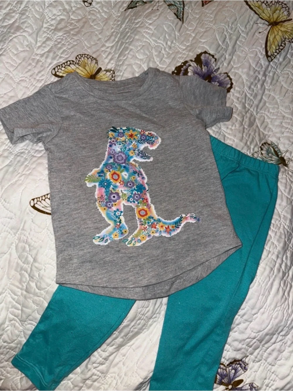 Andy & Evan Gray Tee with Teal Leggings and Floral Dino